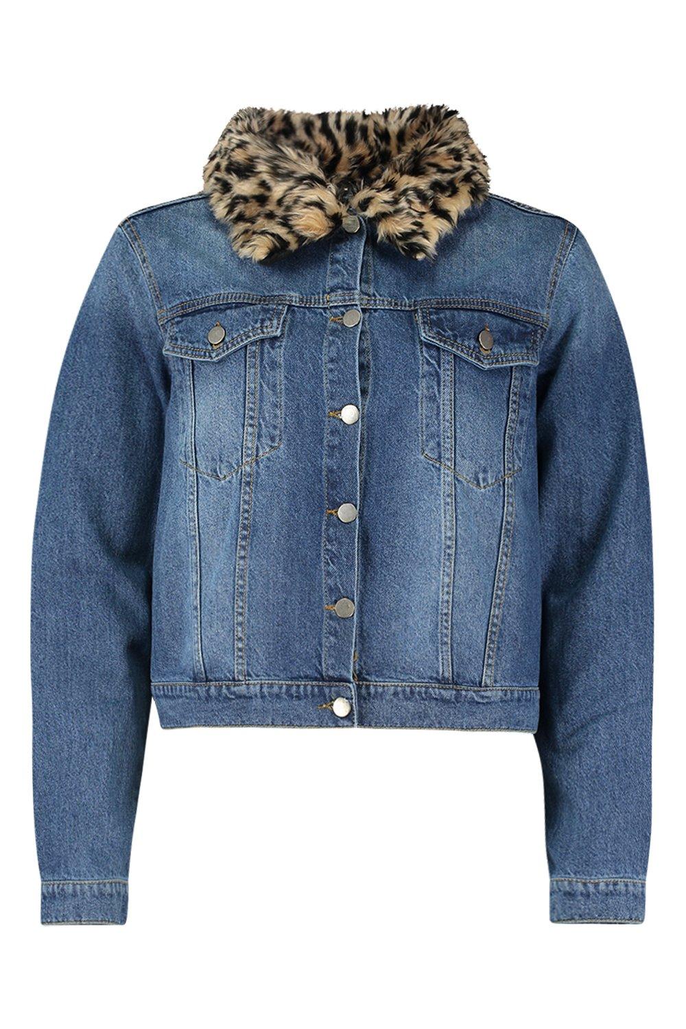 Denim jacket with 2025 leopard fur collar